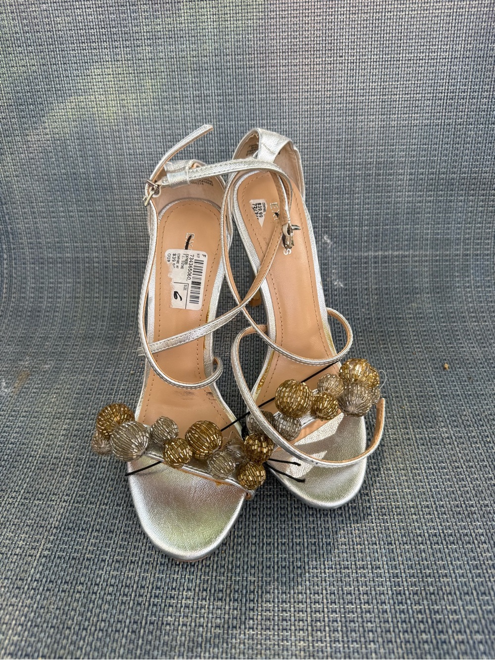 Express Silver Strappy Heels with Gold & Silver Bead Accents